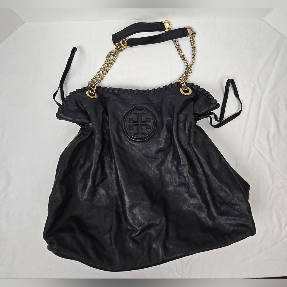 Tory Burch Marion Slouch Hobo Bag Black Pebbled Leather w/ Gold Chain